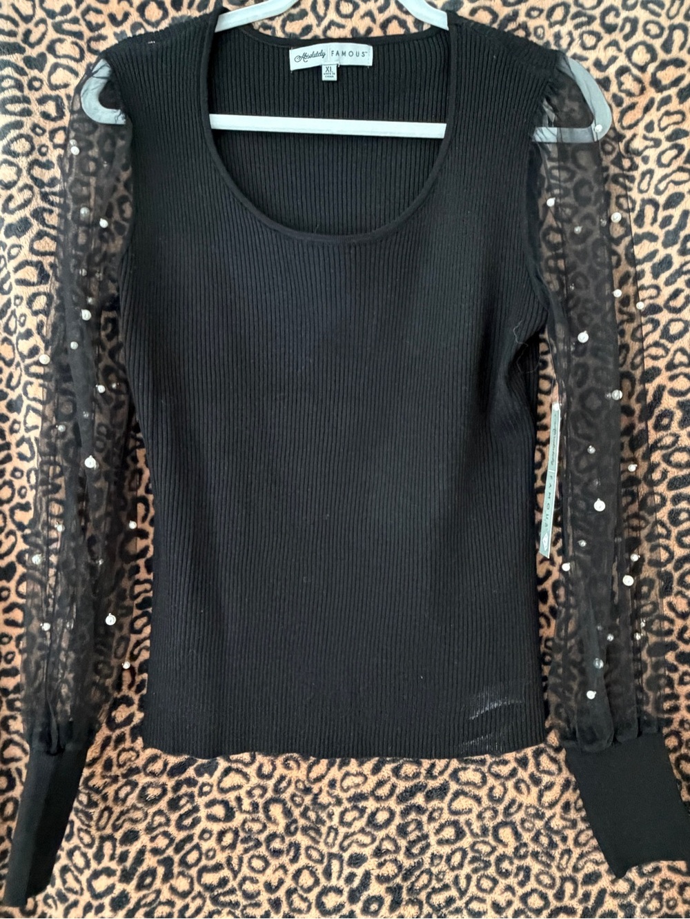 Absolutely Famous Black Ribbed Top with Sheer Sequin Dot Sleeves